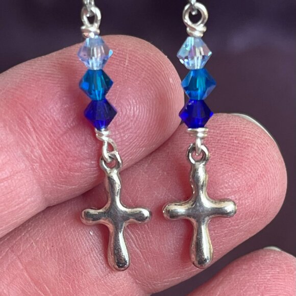 Silver Cross Charm Earrings, Ombre Blue Swarovski Crystals & Lever Back Earwires - Picture 4 of 5